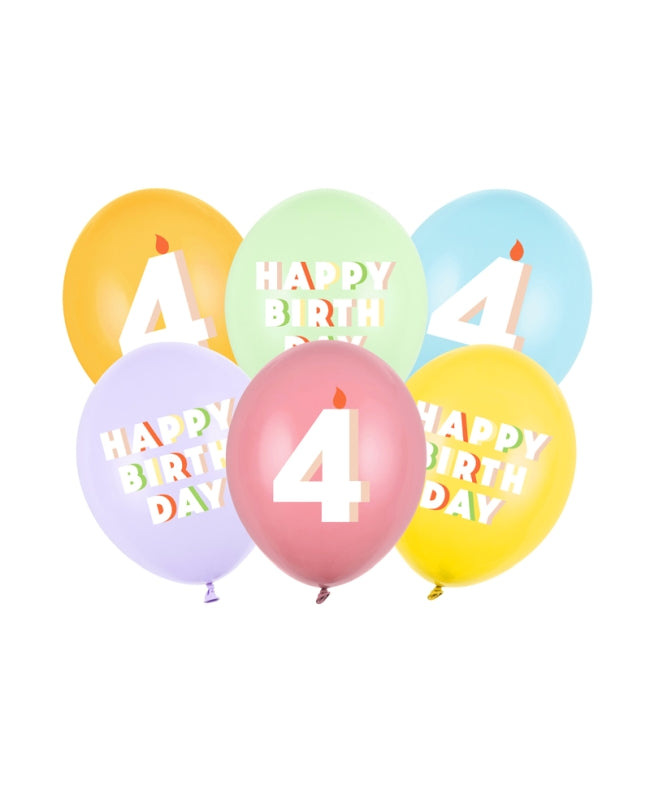 Happy Birthday And Age 4 Latex Balloons 30 cm (Pack of 6) - Anilas UK