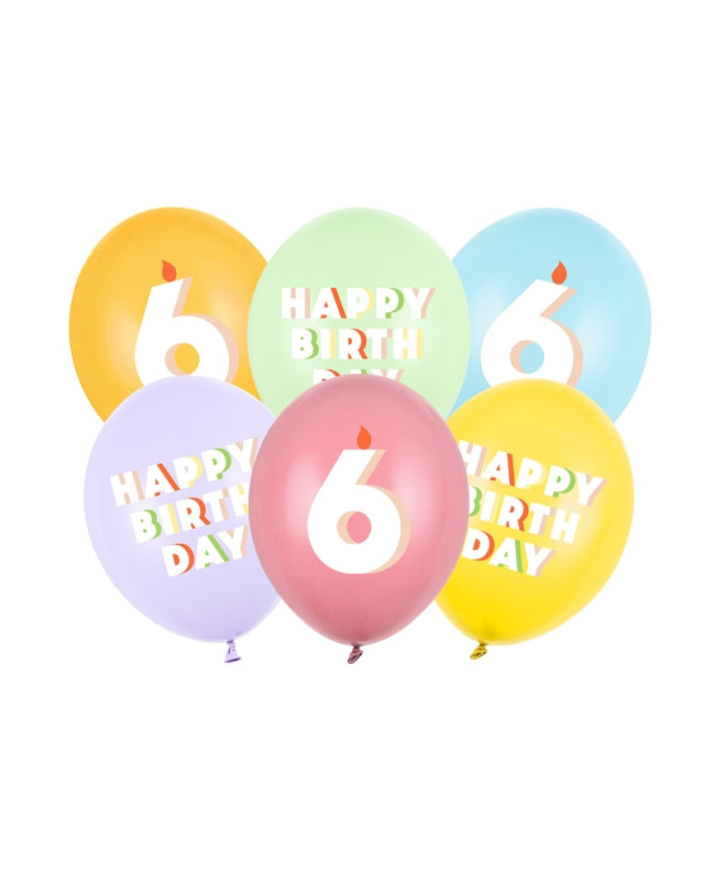 Happy Birthday And Age 6 Latex Balloons 30 cm (Pack of 6) - Anilas UK