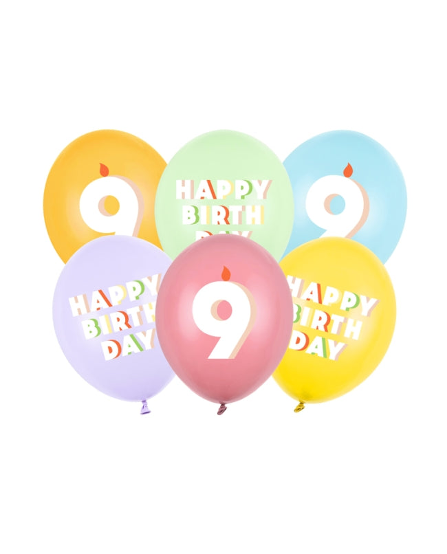 Age 9 Happy Birthday Latex Balloons 30 cm (Pack of 6) - Anilas UK