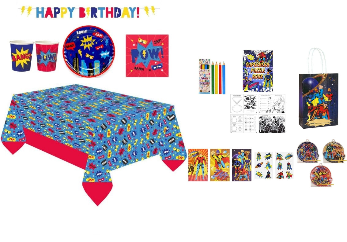 Complete Superhero Themed Party Pack for 8 people Including Tableware and Favours - Anilas UK