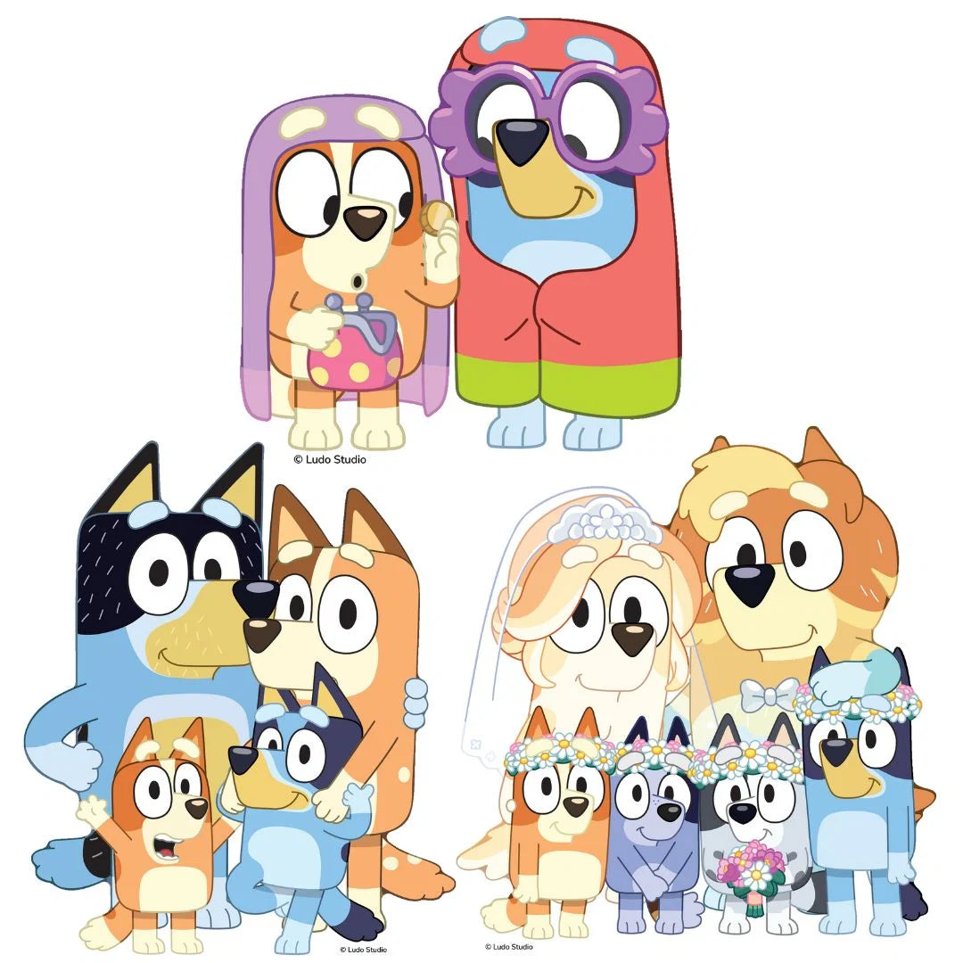 Bluey & Bingo, Grannies, Heeler Family & Bluey Family Wedding Shelf Top Pack Cardboard Cutouts Height 21cm