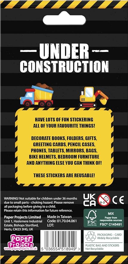 Under Construction Sparkle Stickers Sheet - Anilas UK