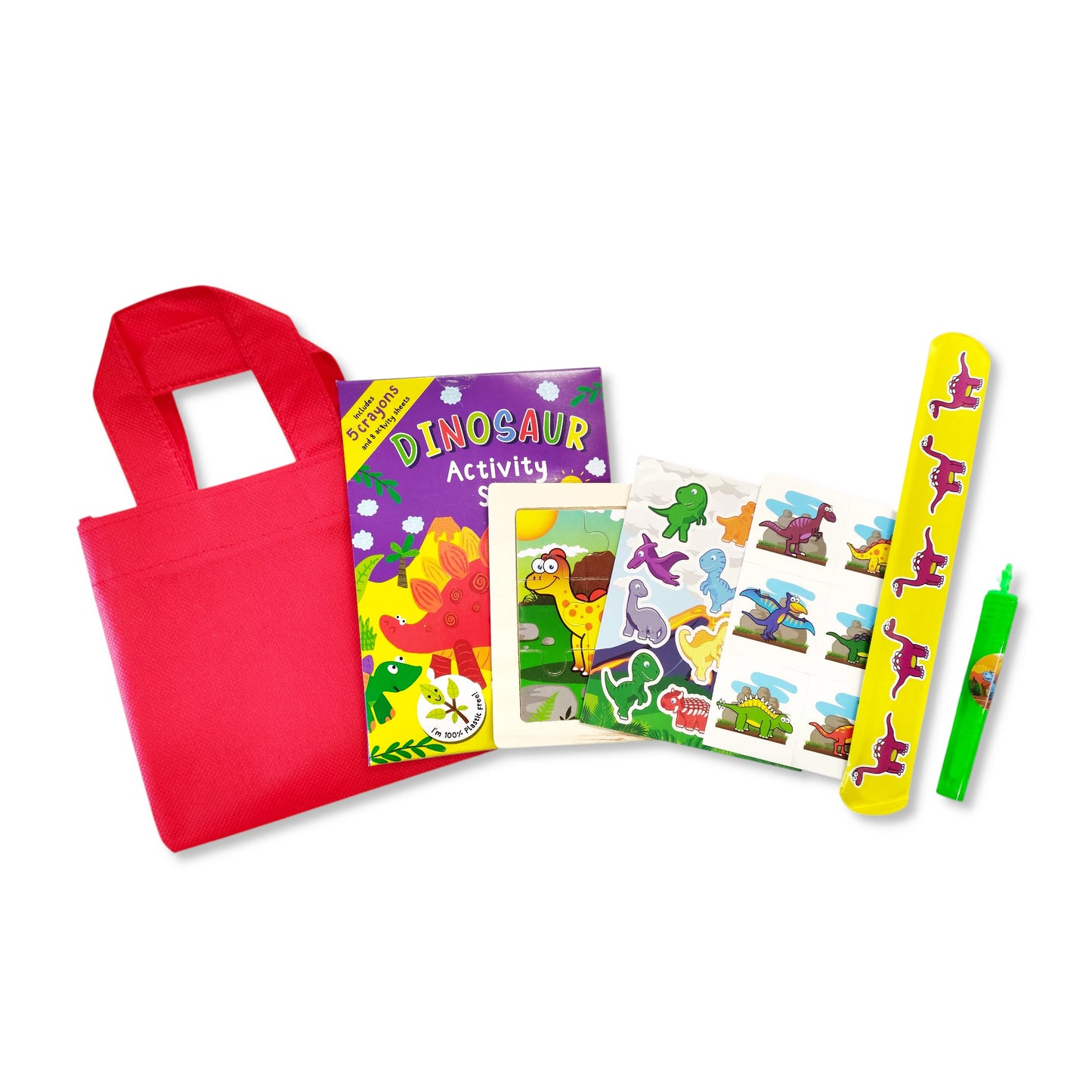 Anila's Dinosaur Toddlers Party Bag – full contents: activity set, puzzle, stickers, tattoos, bubbles and tote bag