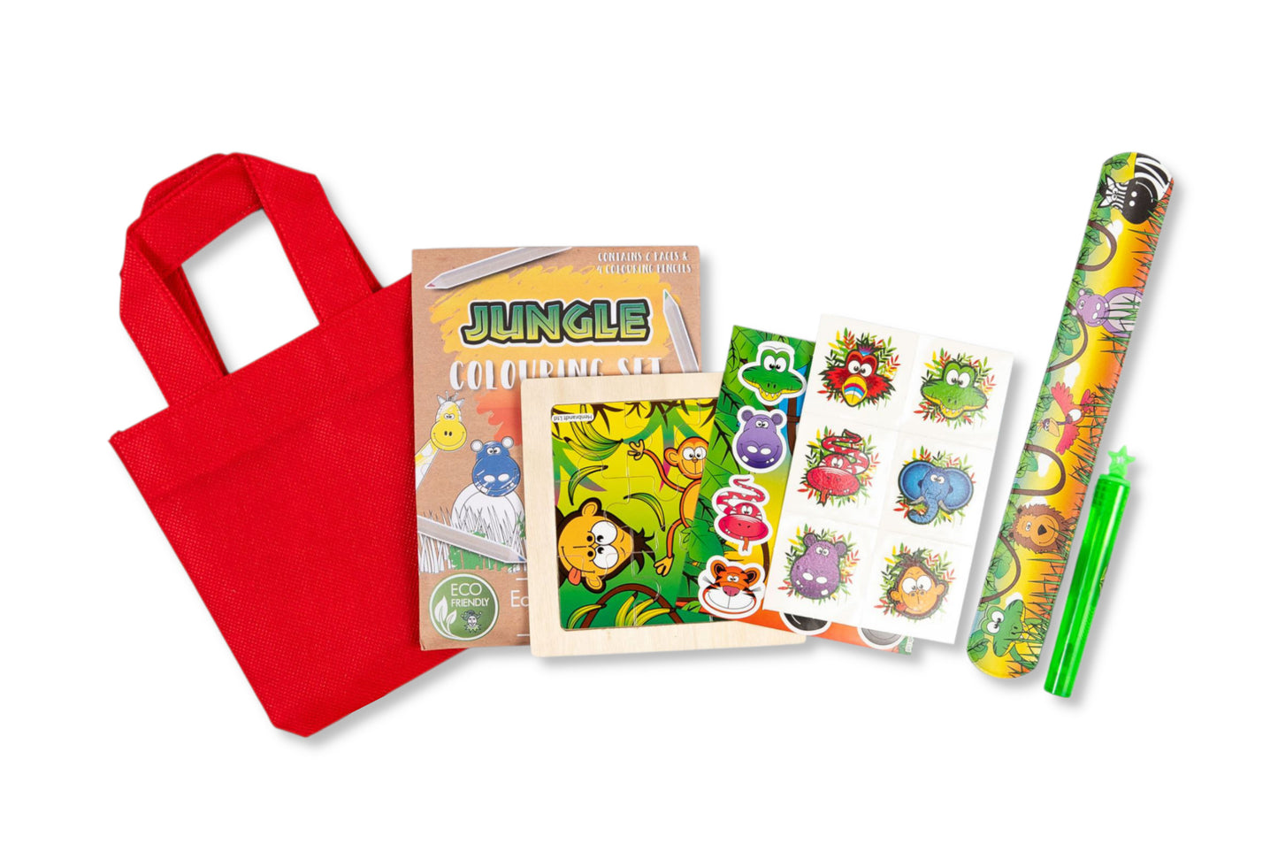 Anila's Jungle Toddlers Party Bag full reveal – coloring kit, bracelet, puzzle, tattoos & stickers spilling wild fun for little explorers!