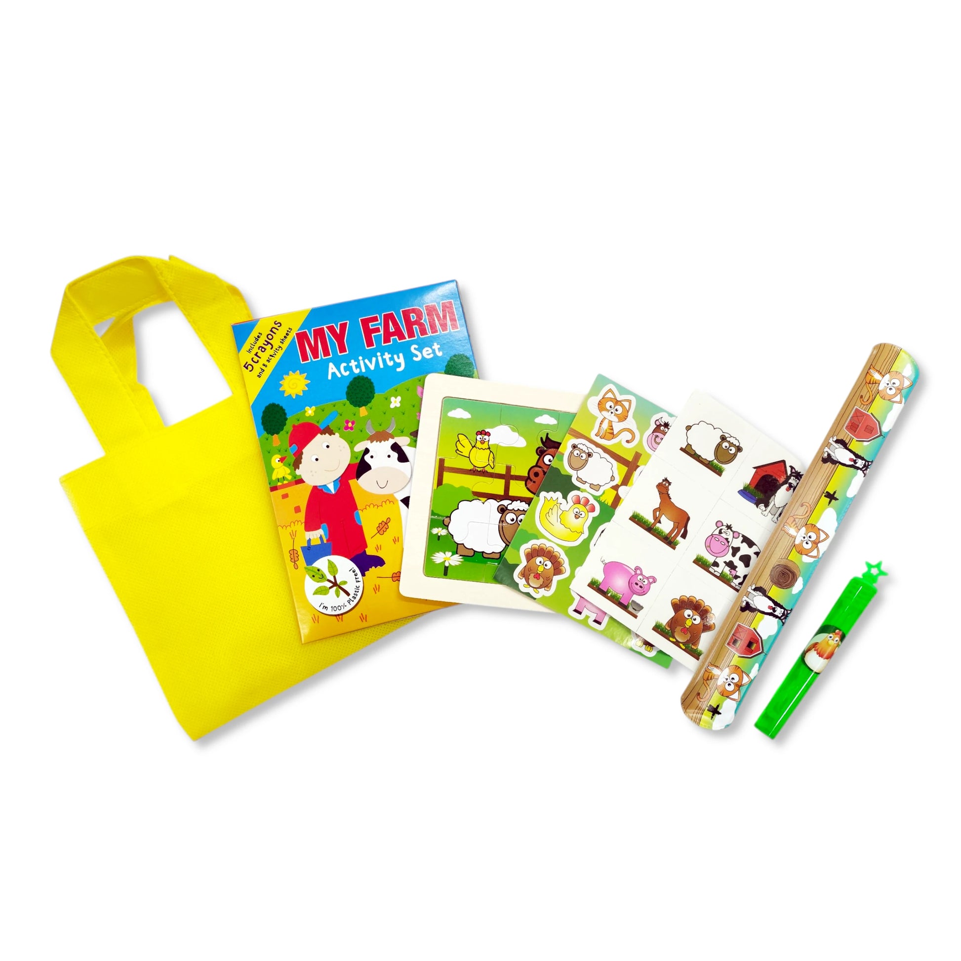 Anila's My Farm Toddlers Party Bag – full contents: colouring set, puzzle, stickers, tattoos, bubbles and tote bag