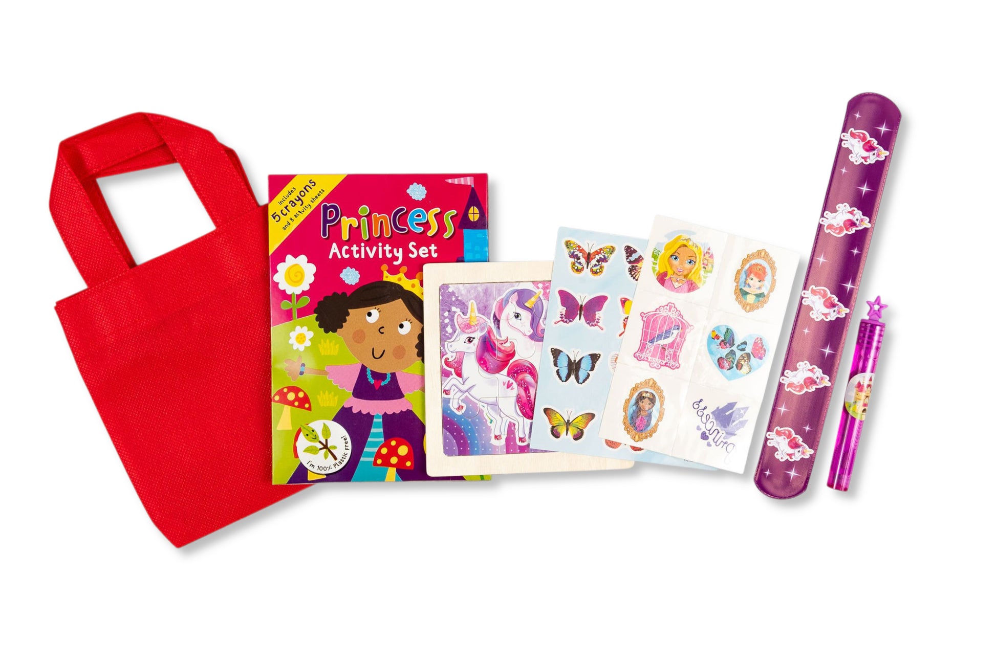 Anila's Princess Toddlers Party Bag – full contents: colouring set, puzzle, stickers, tattoos, bubbles and tote bag