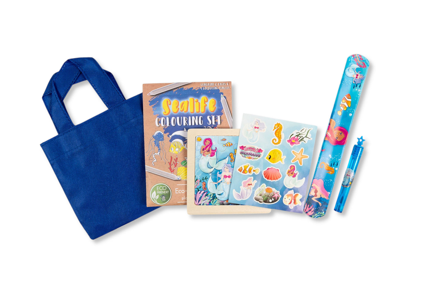 Anila's Sealife Toddlers Party Bag – full contents: colouring set, snap bracelet, puzzle, stickers, bubbles and tote bag