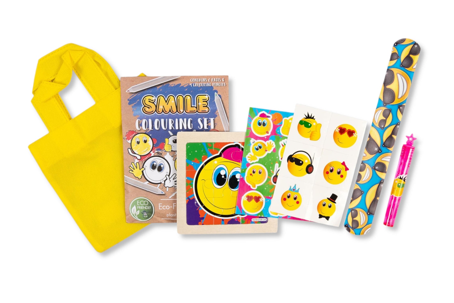 Anila's Smiley Toddlers Party Bag – full contents: colouring set, puzzle, stickers, tattoos, bubbles and tote bag
