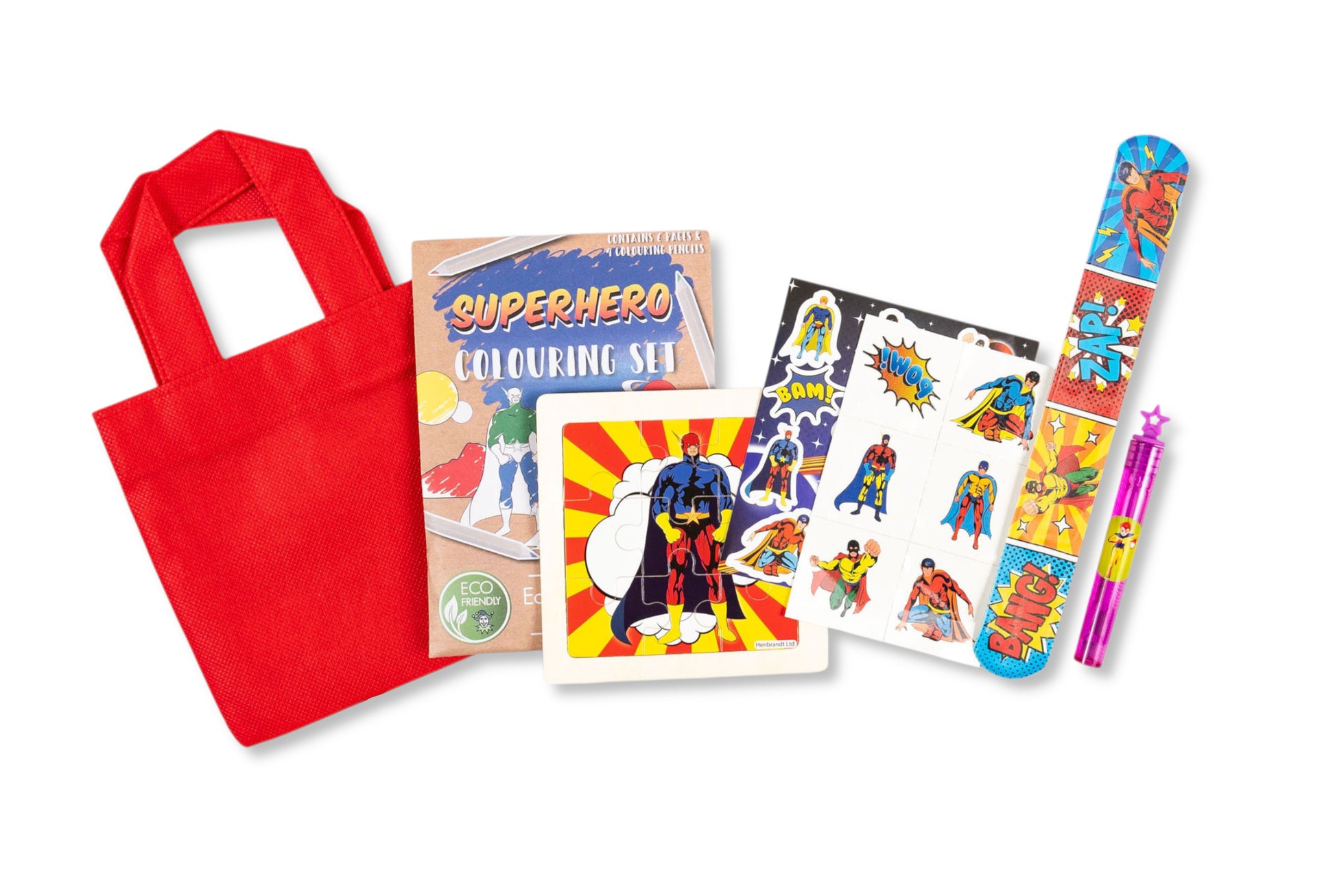 Anila's Superhero Toddlers Party Bag – full contents: colouring set, puzzle, stickers, tattoos, bubbles and tote bag