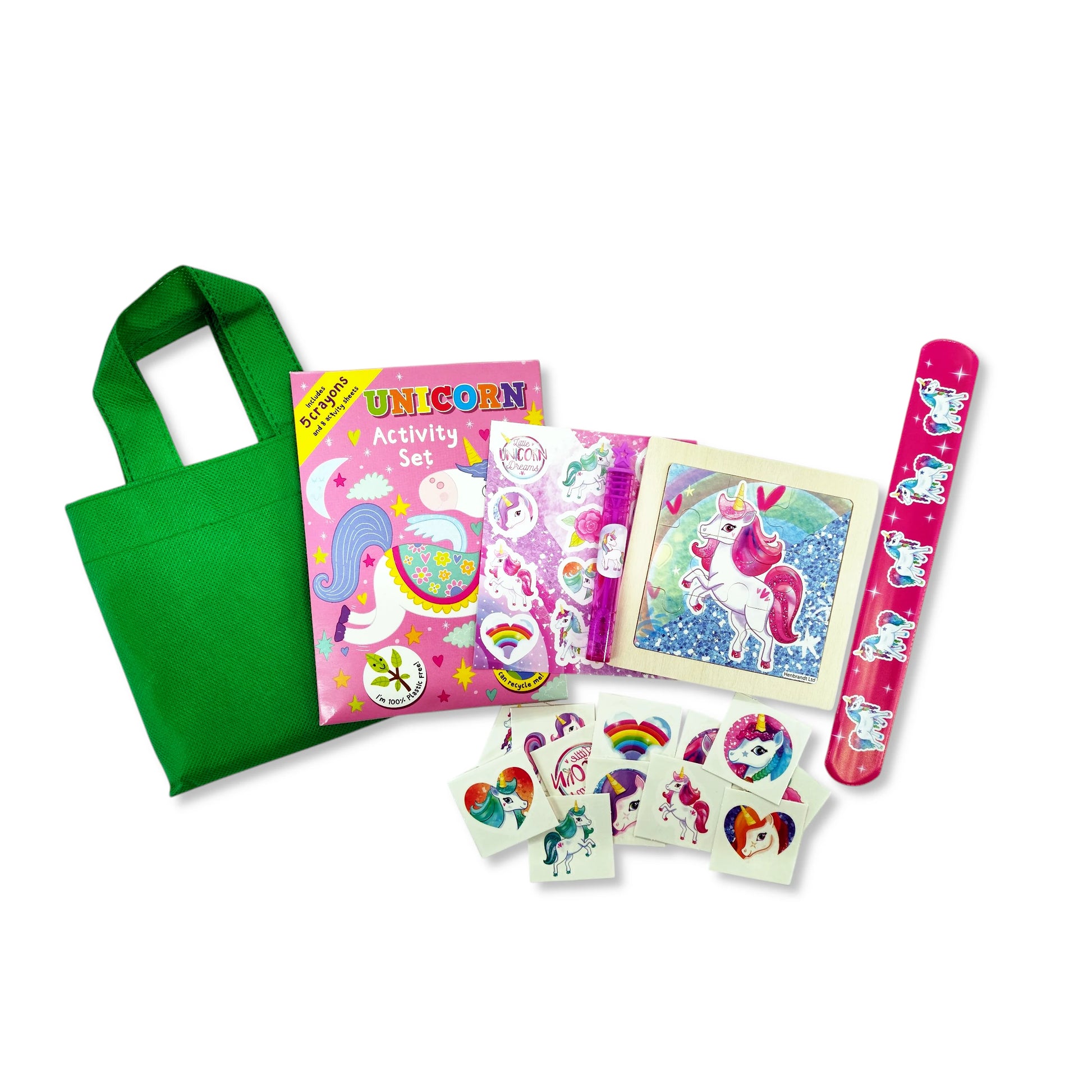 Anila's Unicorn Toddlers Party Bag full spill – coloring kit, bracelet, puzzle, tattoos, stickers, bubbles & tote bursting rainbow magic for little dreamers!