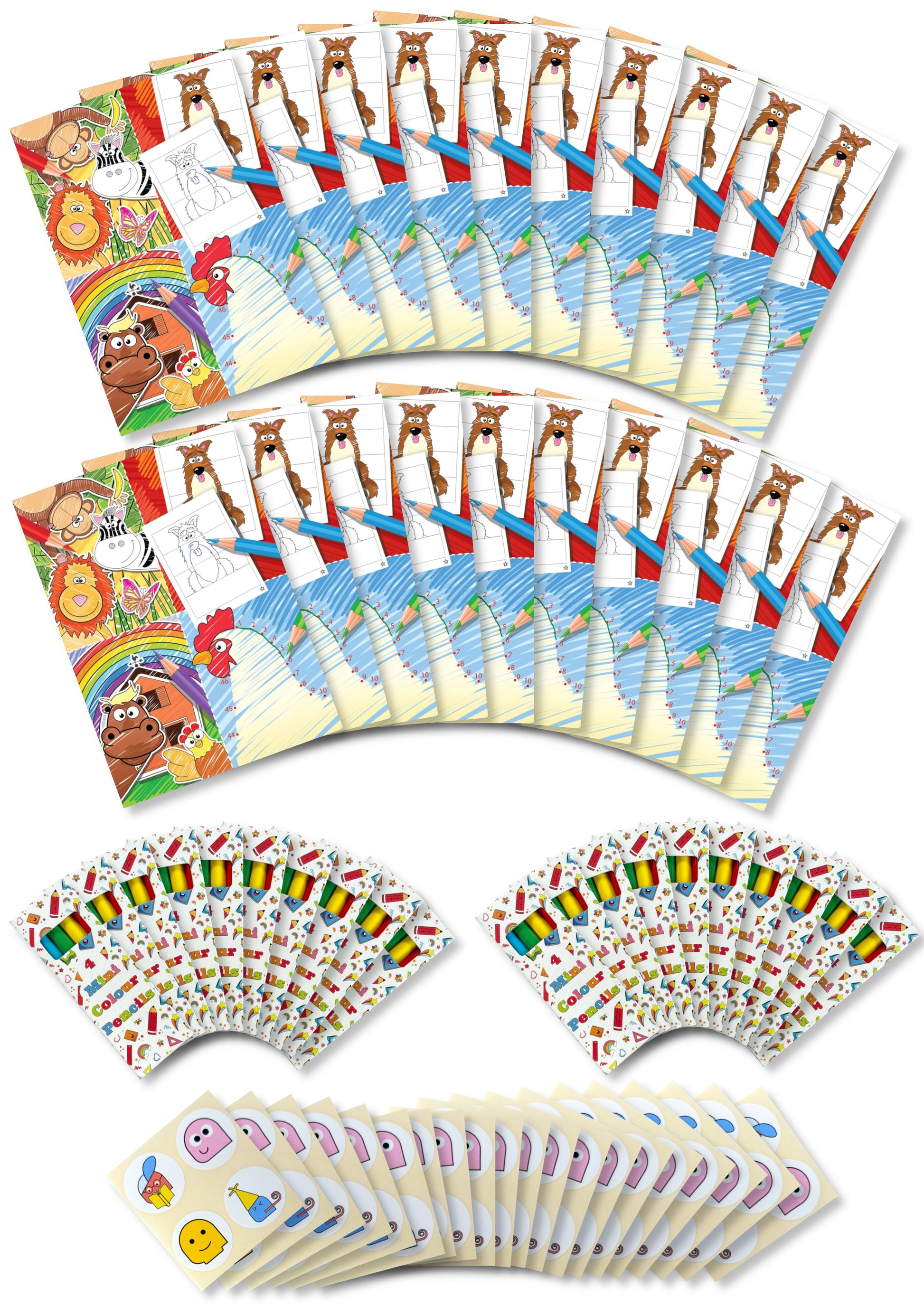 Assortment of 20 Themed Activity Books, 20 Sheets of Stickers and 20 Sets of Pencils - Anilas UK