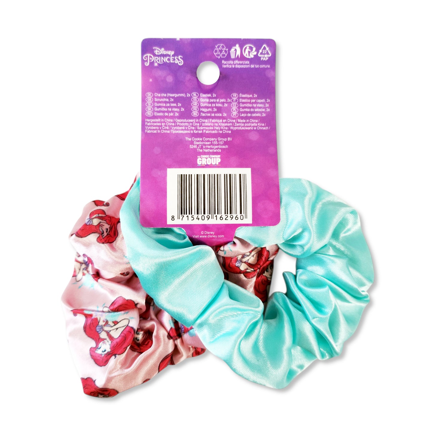 Pack of 2 Ariel Princess Scrunchies back view highlighting stretchy fabric construction and gentle, snag-free elastic bands