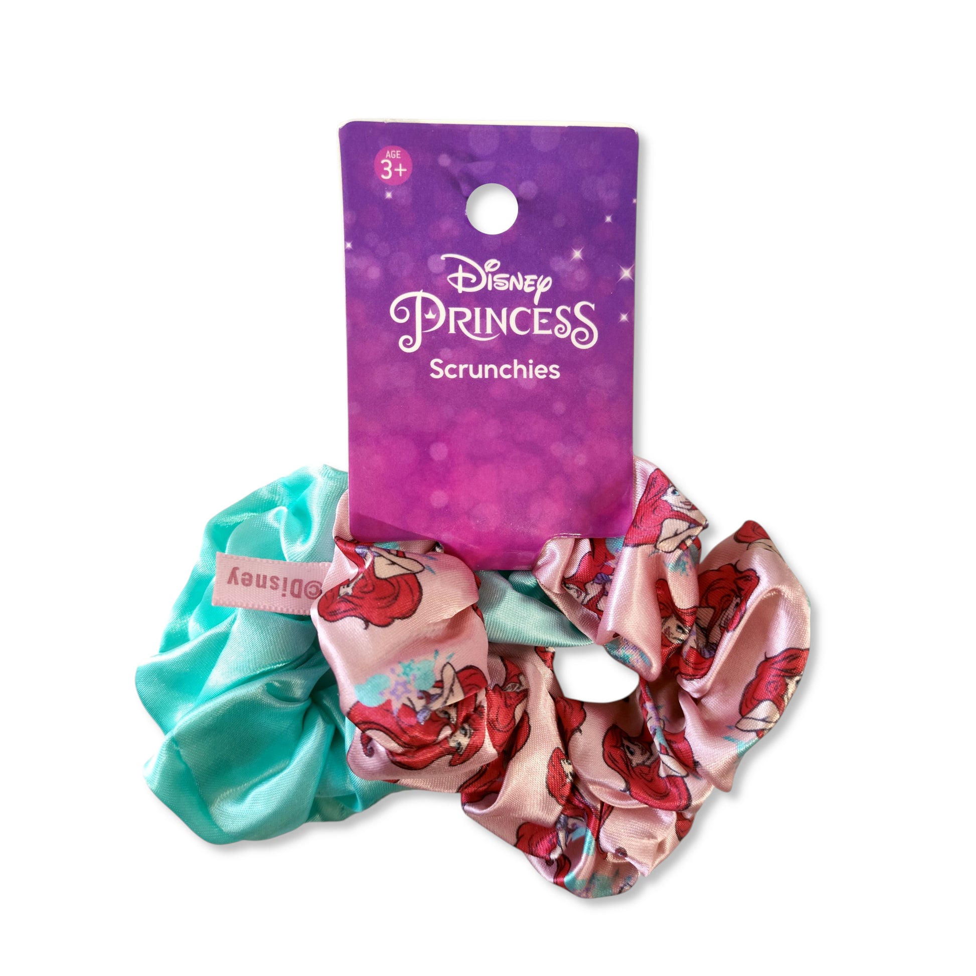 Pack of 2 Ariel Princess Scrunchies front view showing one blue elastic scrunchie and one with Ariel mermaid portrait design