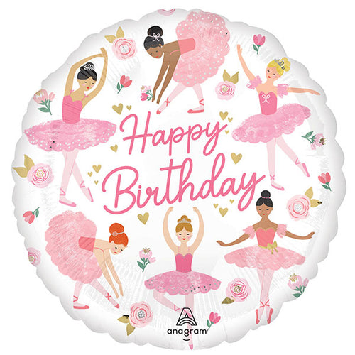 Happy Birthday Ballerina Girl Foil Balloon, 43 cm, Pink Floral Design for Kids’ Parties