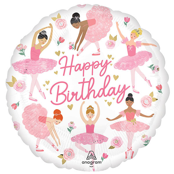 Happy Birthday Ballerina Girl Foil Balloon, 43 cm, Pink Floral Design for Kids’ Parties