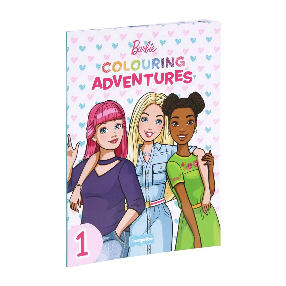Barbie Colouring Adventures 1 Book front cover with glamorous outlines on cardboard, 32 pages 28x21cm for ages 4-6