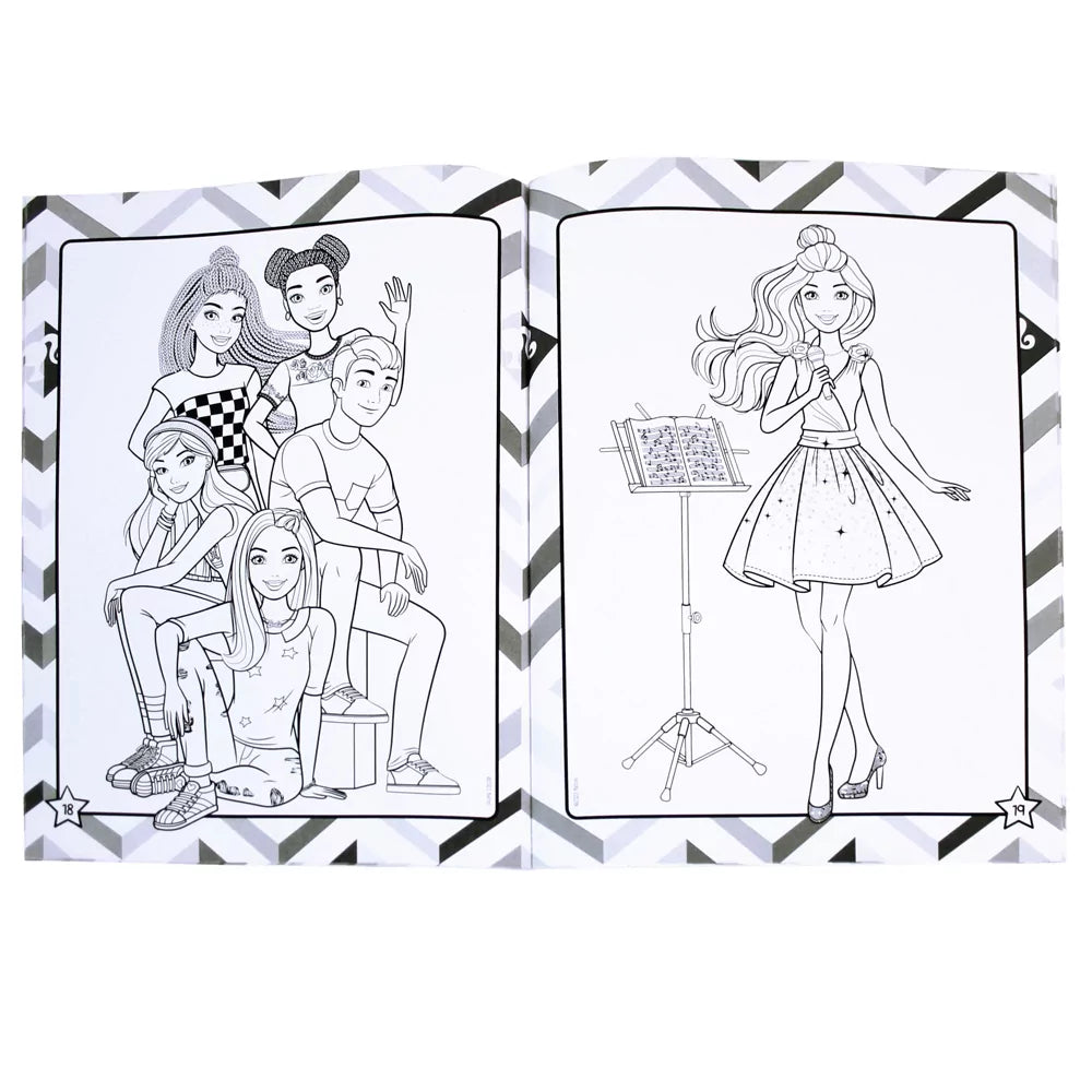 Interior spread of Barbie Colouring Adventures 1 Book showing sample magical scenes ready for kids' colourful flair