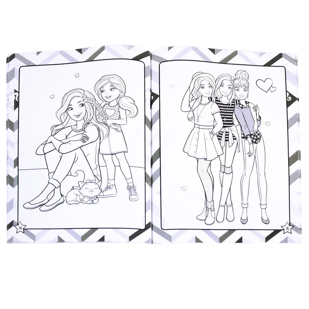 Interior spread of Barbie Colouring Adventures 2 Book showing sample magical scenes ready for kids' colourful flair