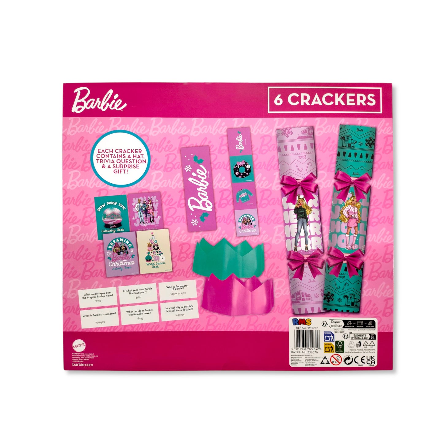 Close-up of Barbie cracker contents including hat, trivia question and surprise gift