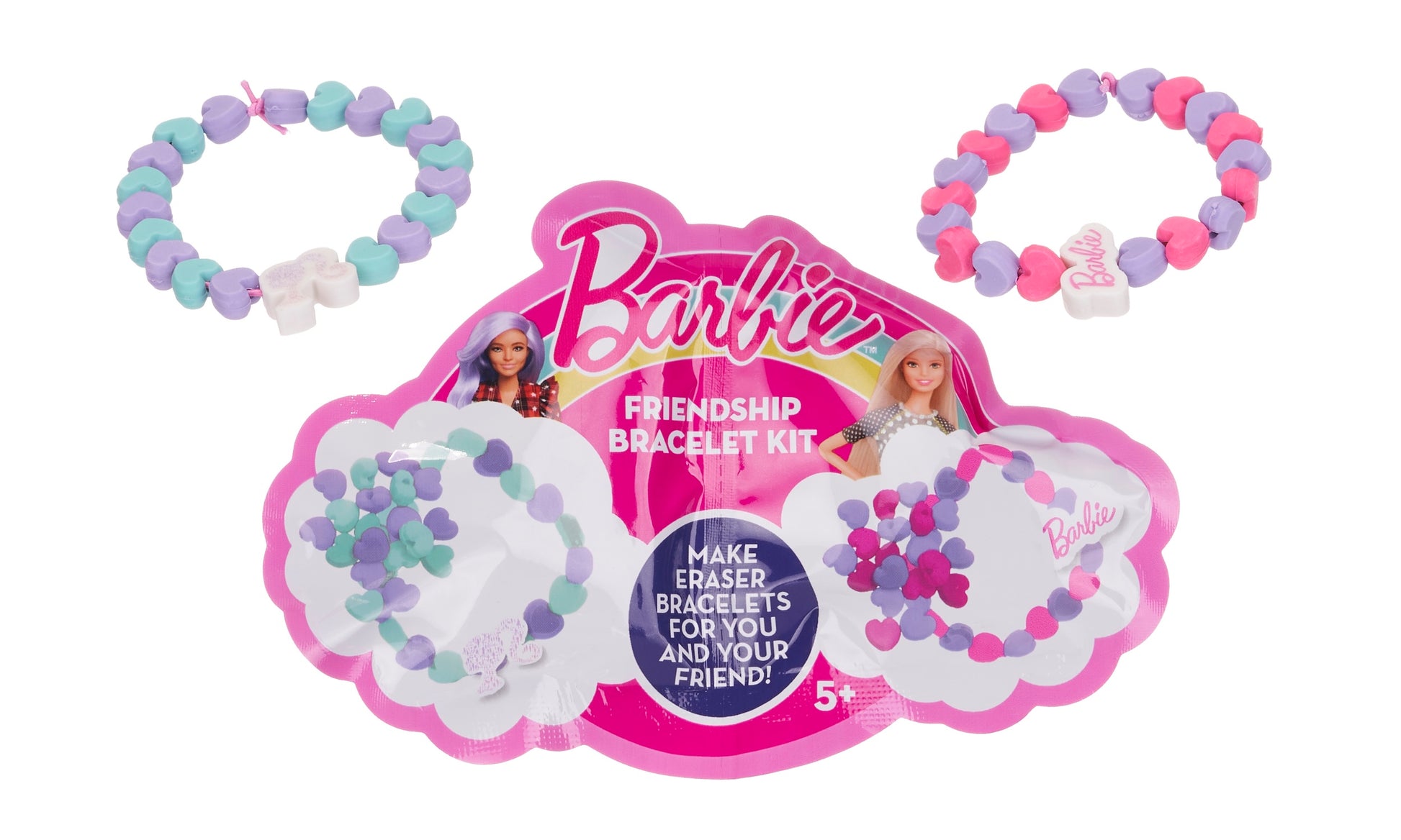 Barbie Friendship Eraser Bracelet Kit front view with 2 pastel rubber band bracelets