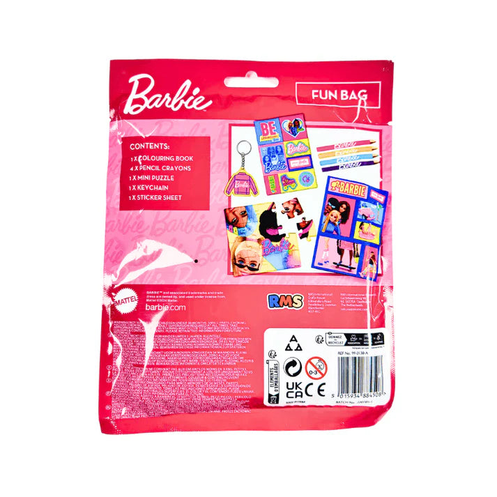 Barbie Fun Bag contents – stickers, crayons, and puzzle