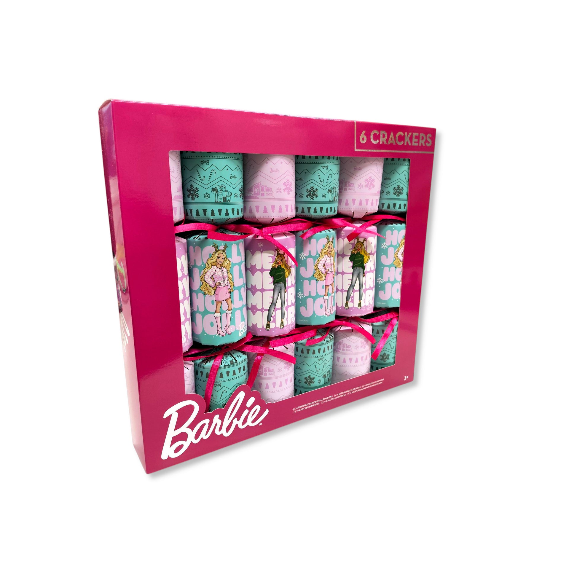 Barbie Christmas crackers display on holiday table with Barbie theme