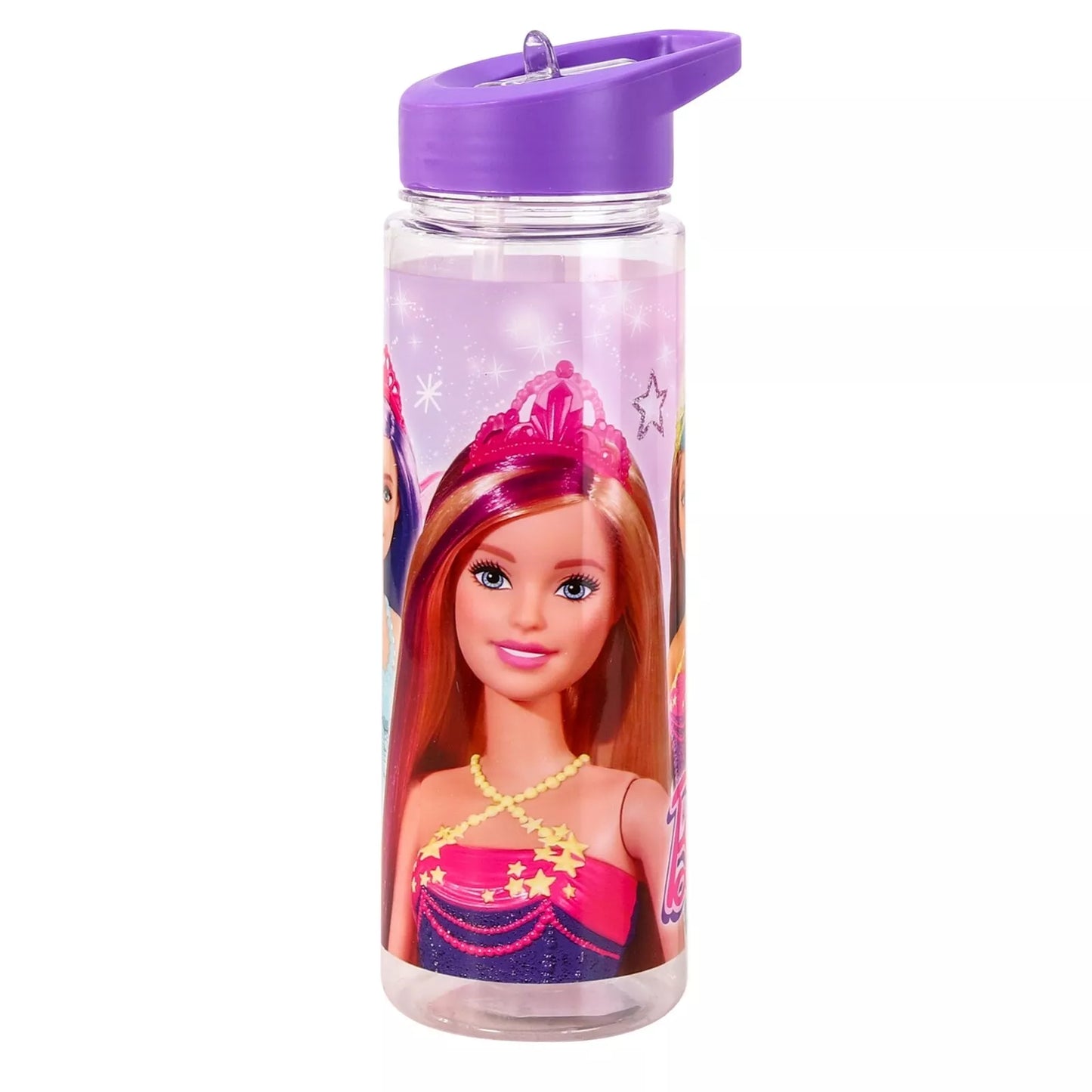 Barbie 700ml Kids Water Bottle front view showing vibrant character designs with flip-top straw and ring handle on shatterproof plastic for easy transport
