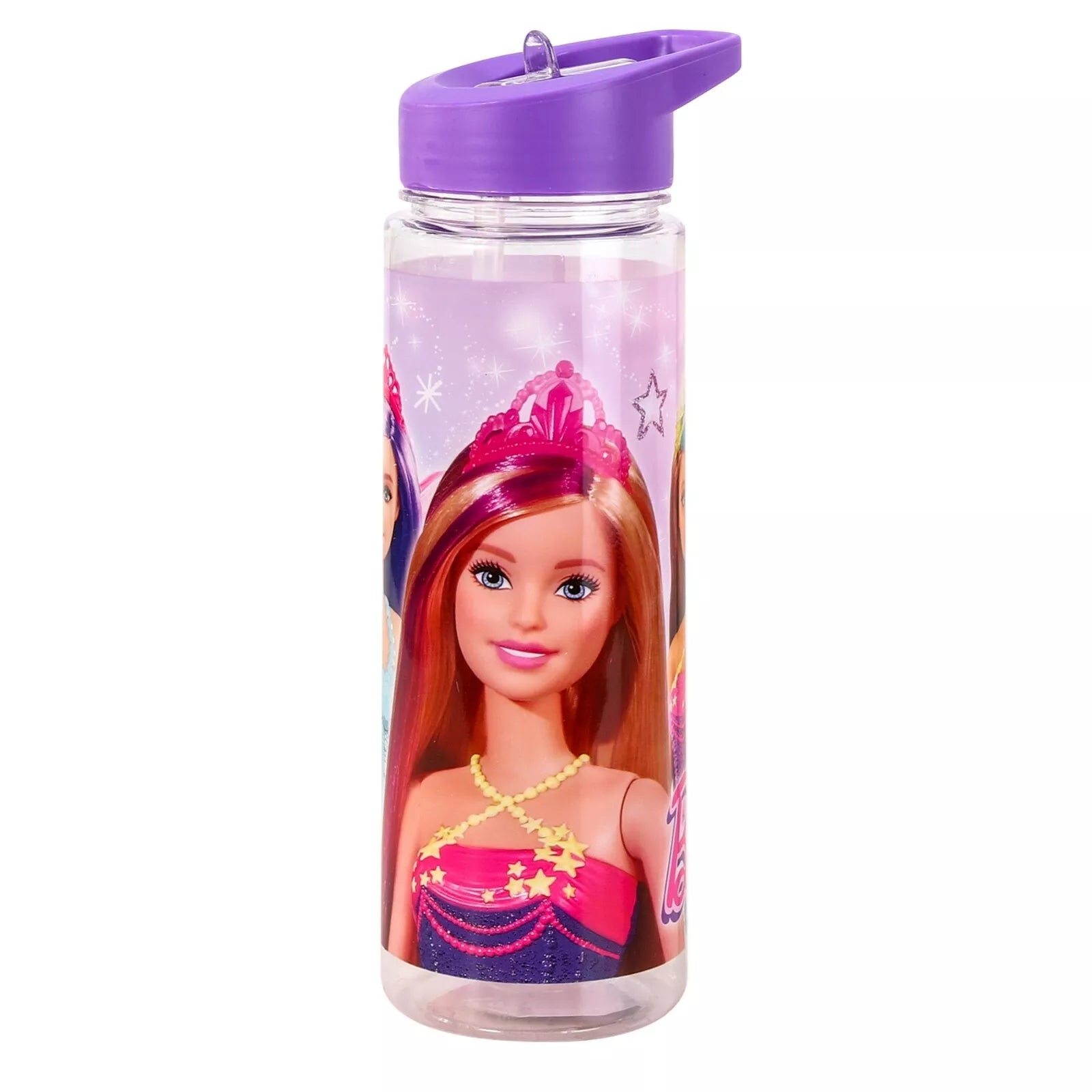 Barbie 700ml Kids Water Bottle front view showing vibrant character designs with flip-top straw and ring handle on shatterproof plastic for easy transport