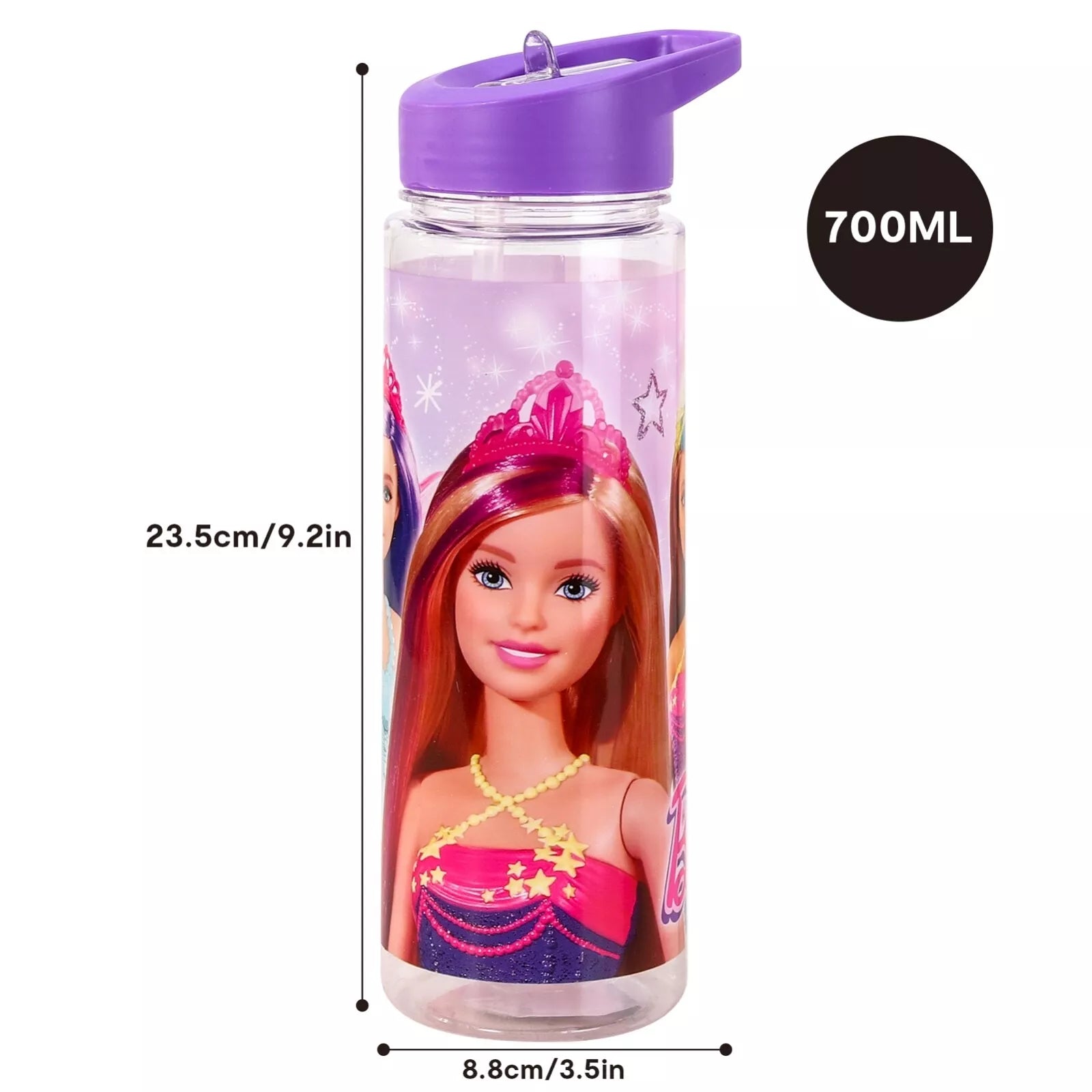 Barbie Water Bottle size view highlighting 700ml capacity, 23.5x8.8cm dimensions, and compact design for backpacks and on-the-go adventures