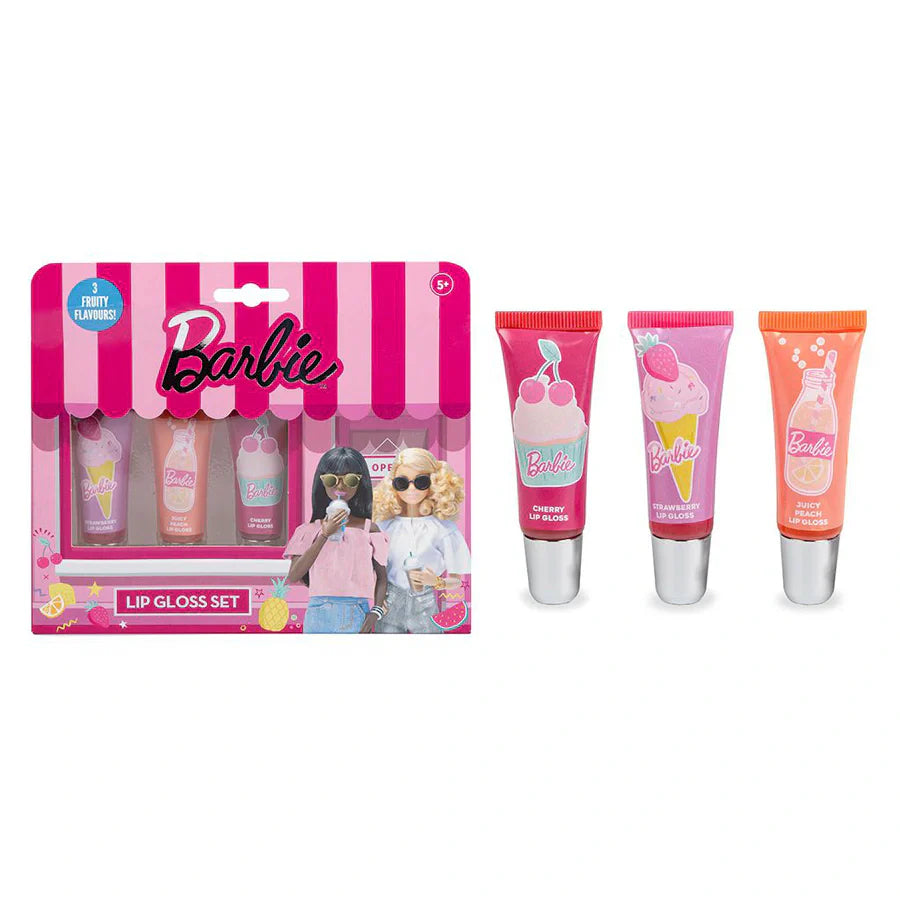 Barbie Lip Gloss Set with cherry, strawberry, and peach flavours