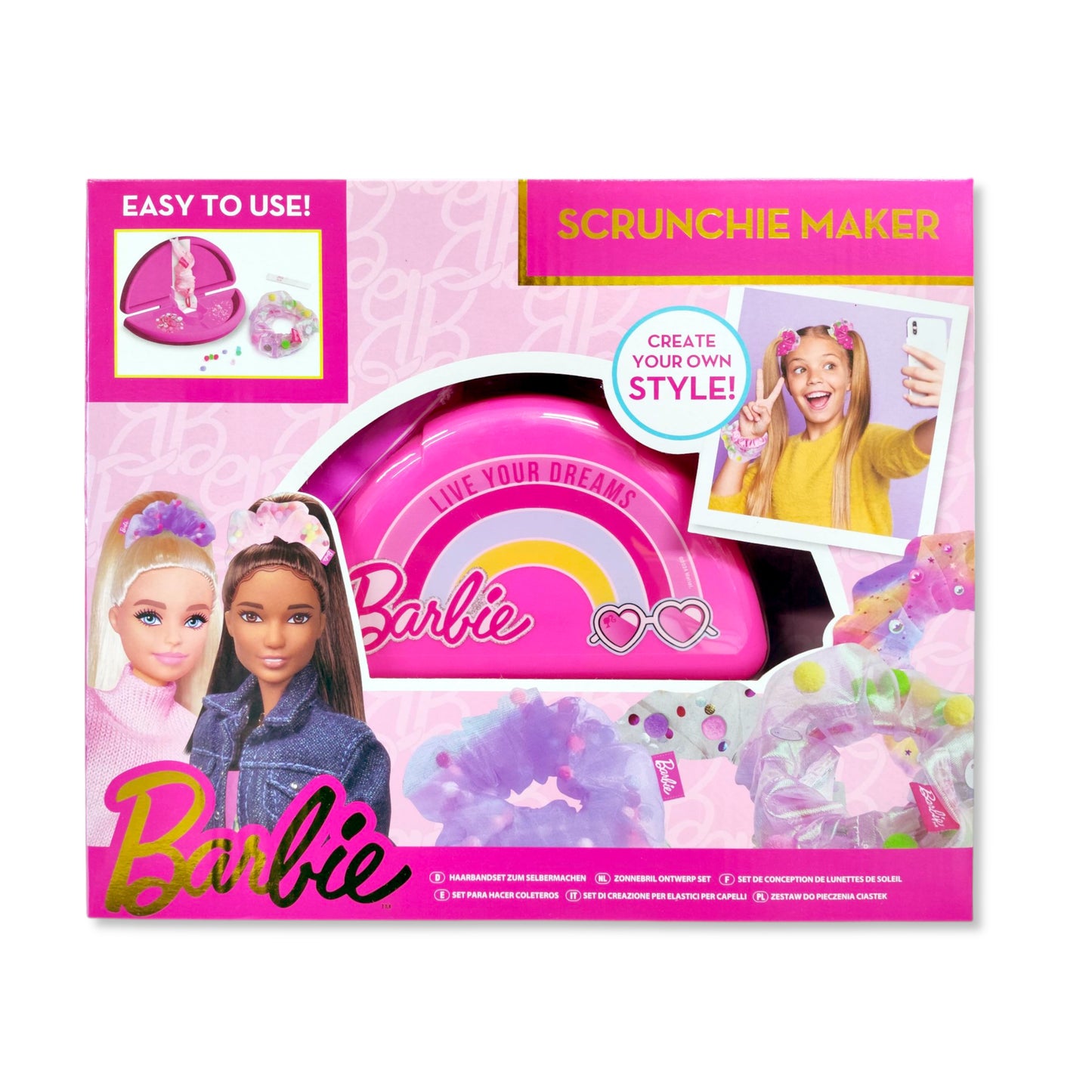 Barbie Scrunchie Maker Craft Kit front view showing tool and accessories in pink packaging, 28x24x4.8cm for kids' DIY hair fun aged 6+