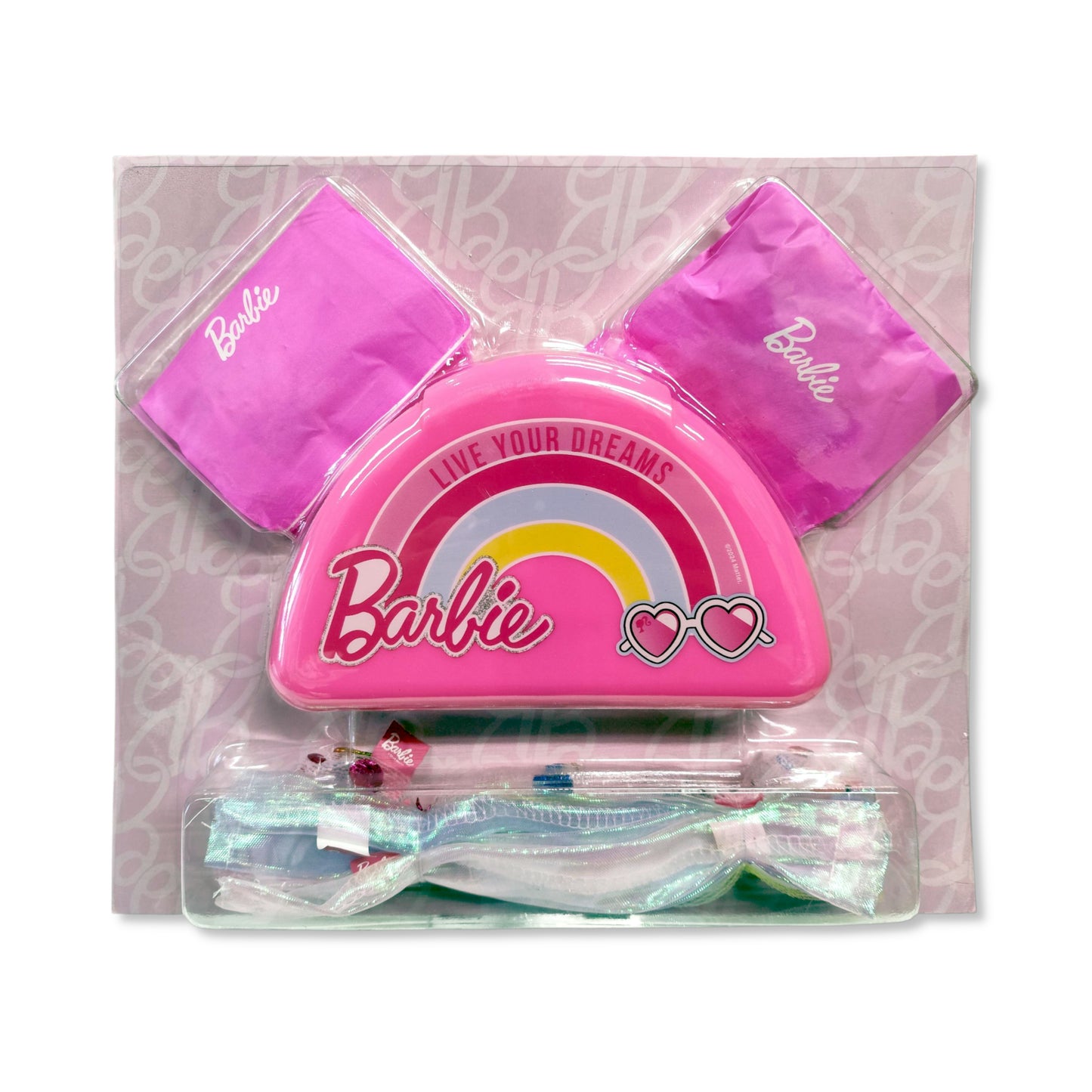 Interior of Barbie Scrunchie Maker Kit revealing fabric maker, elastics, and scrunchie samples ready for creative customisation