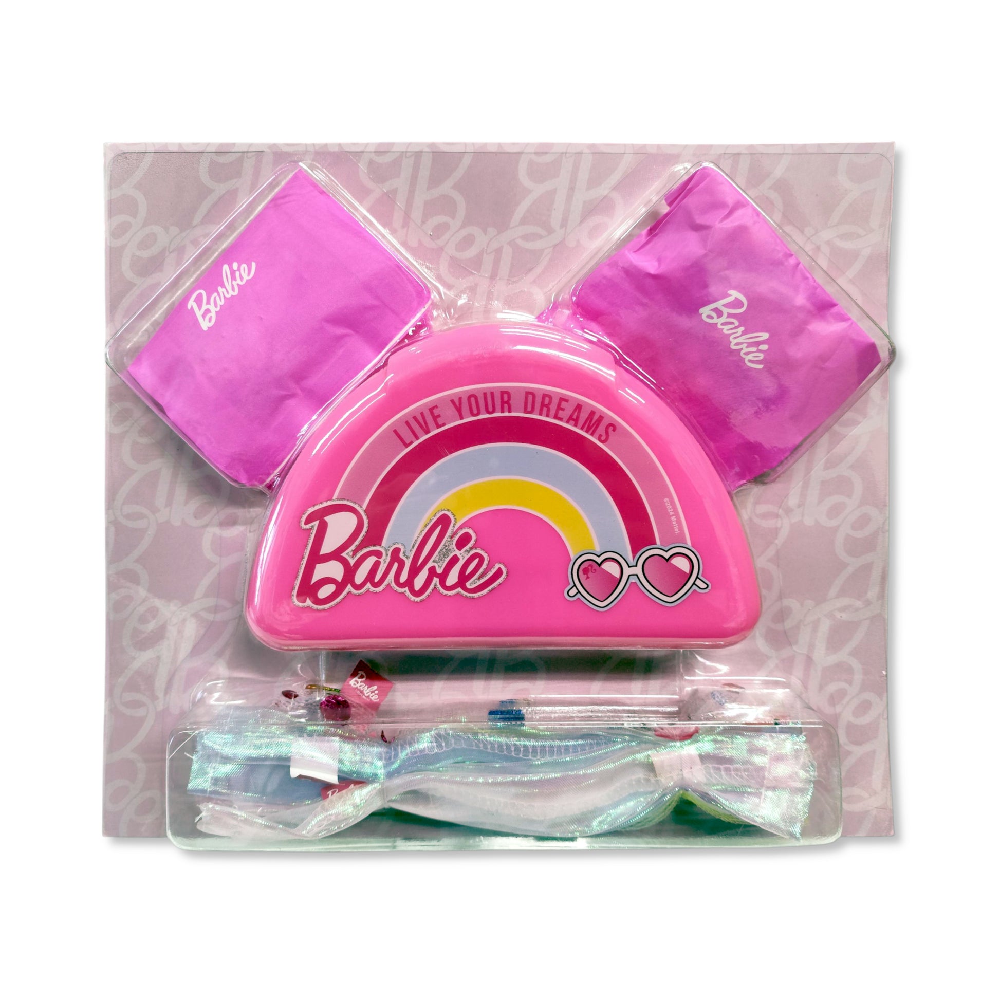 Interior of Barbie Scrunchie Maker Kit revealing fabric maker, elastics, and scrunchie samples ready for creative customisation