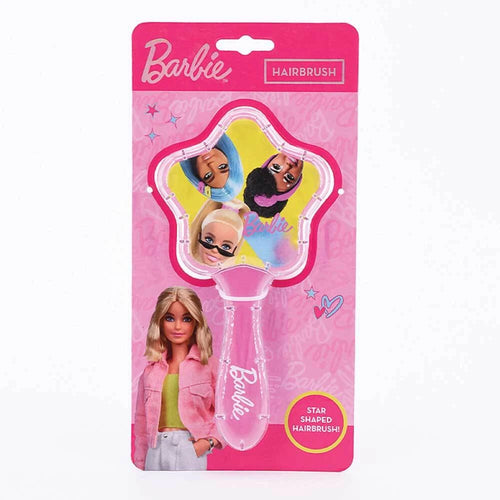 Barbie Star-Shaped Hair Brush with vibrant character designs for kids 3+ and Barbie fans