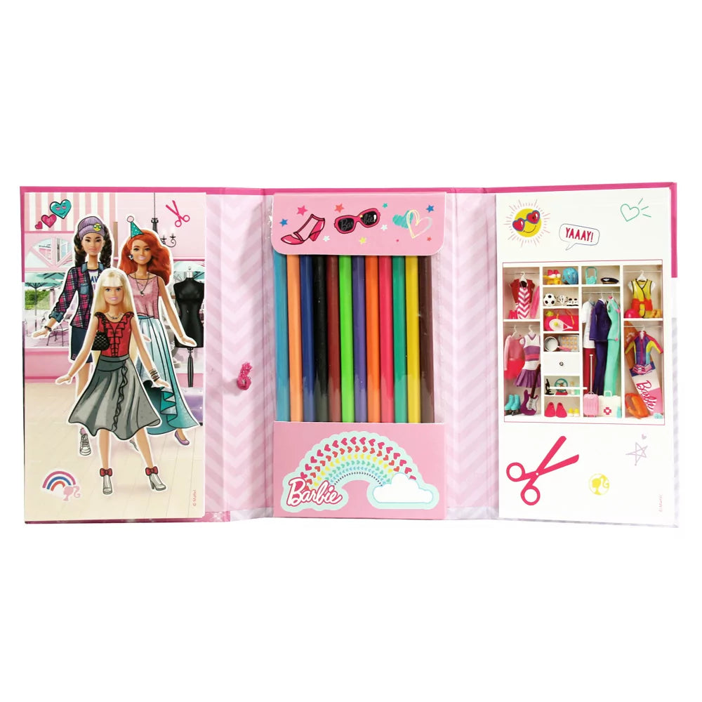 Interior spread of Barbie Wardrobe Book showing sample paint-and-cut outfit pages ready for kids' fashion creativity