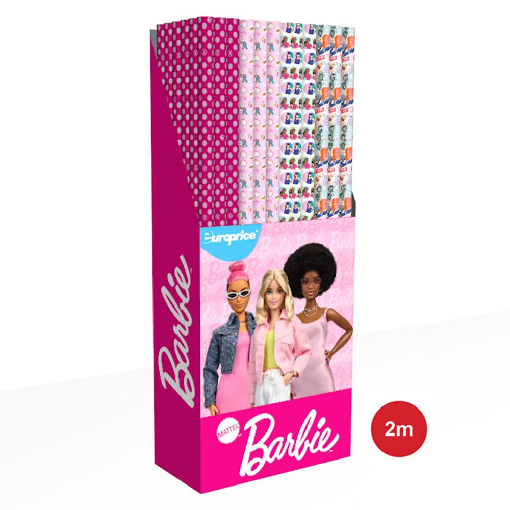 Barbie Wrapping Paper 4 pack – 4 different designs, each sheet 70x200 cm, shown folded and rolled