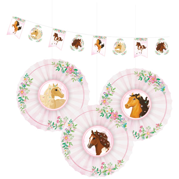 Beautiful Horses Decoration Kit with banner and 3 paper fans in pastel pink with floral horse motifs