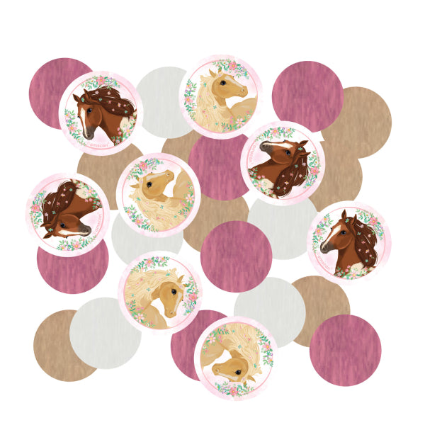 Beautiful Horses Paper Confetti 14g pack with round horse images and unicoloured pieces in pastels
