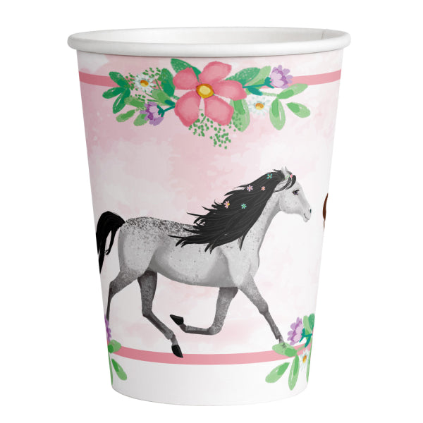 Beautiful Horses 8 Paper Cups 250ml with grey horse and floral motif in pastel colours