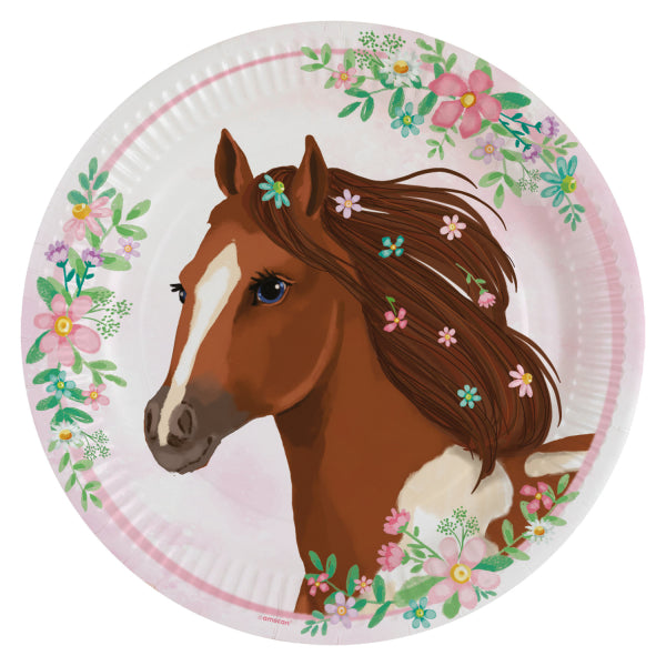 Beautiful Horses 8 Paper Round Plates 23cm with painted horse head and floral motifs in brown-pink tones