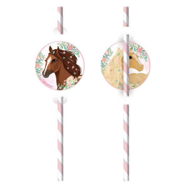Beautiful Horses 8 Drinking Paper Straws 19.5cm with pink/white stripes and horse cutouts in pastels