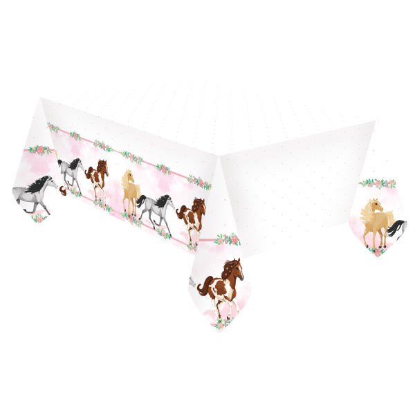 Beautiful Horses Plastic Tablecover 120x180cm with horse and floral motifs in soft pastel colours