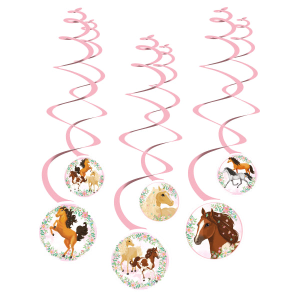 Beautiful Horses 6 Swirl Decorations 13cm diameter with flowing manes and floral motifs in pastel pink