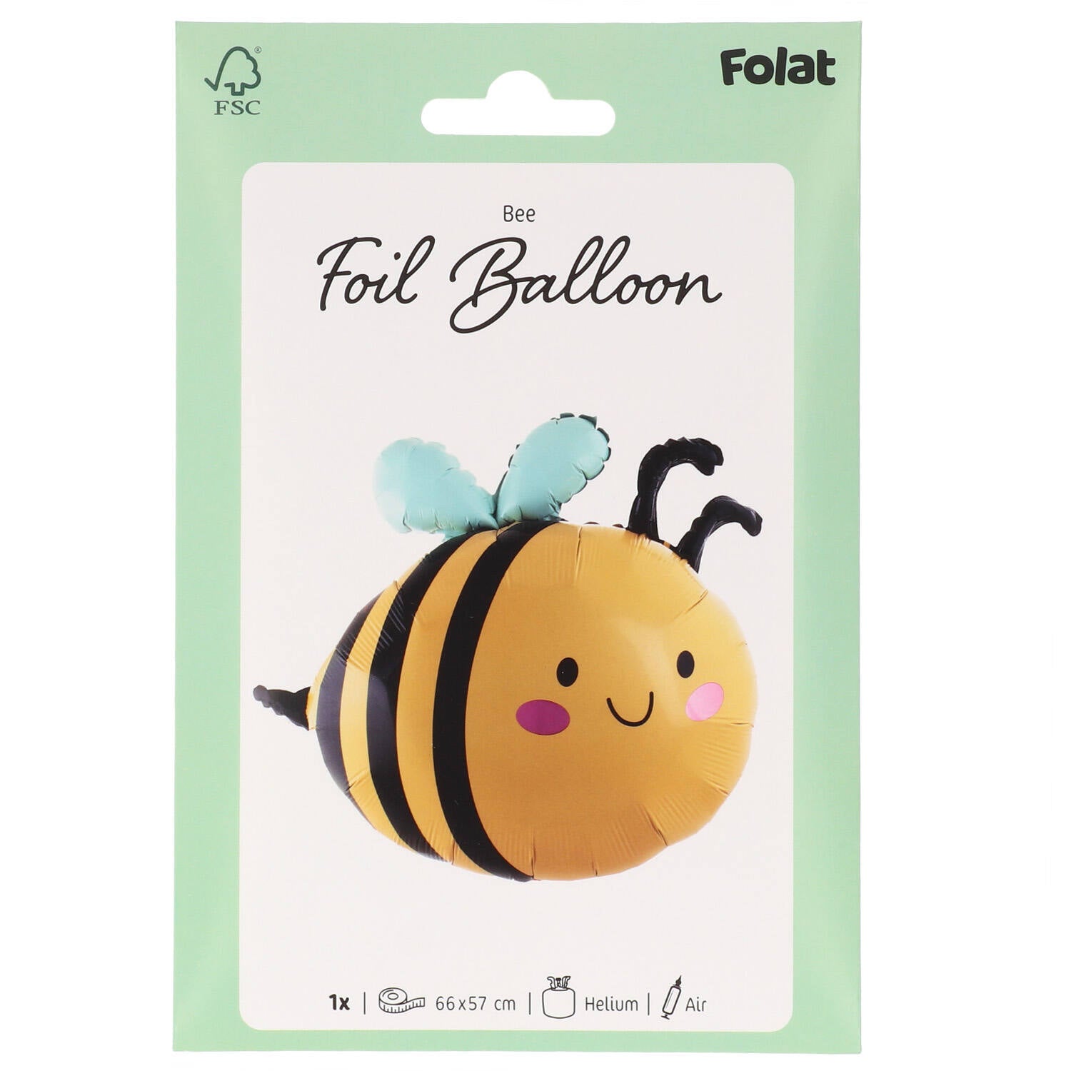 Bee Shaped Foil Balloon 65x60cm front view uninflated with striped bee design