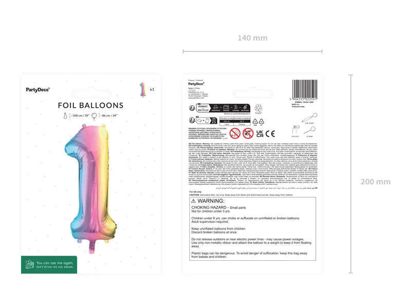 Pastel Rainbow Number 1 Foil balloon, 86cm - Anilas UK