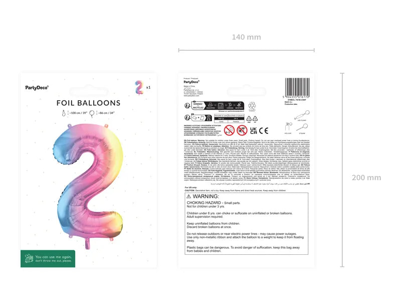 Pastel Rainbow Number 2 Foil balloon, 86cm - Anilas UK