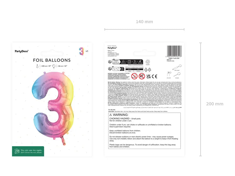 Pastel Rainbow Number 3 Foil balloon, 86cm - Anilas UK