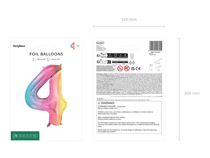 Pastel Rainbow Number 4 Foil balloon, 86cm - Anilas UK