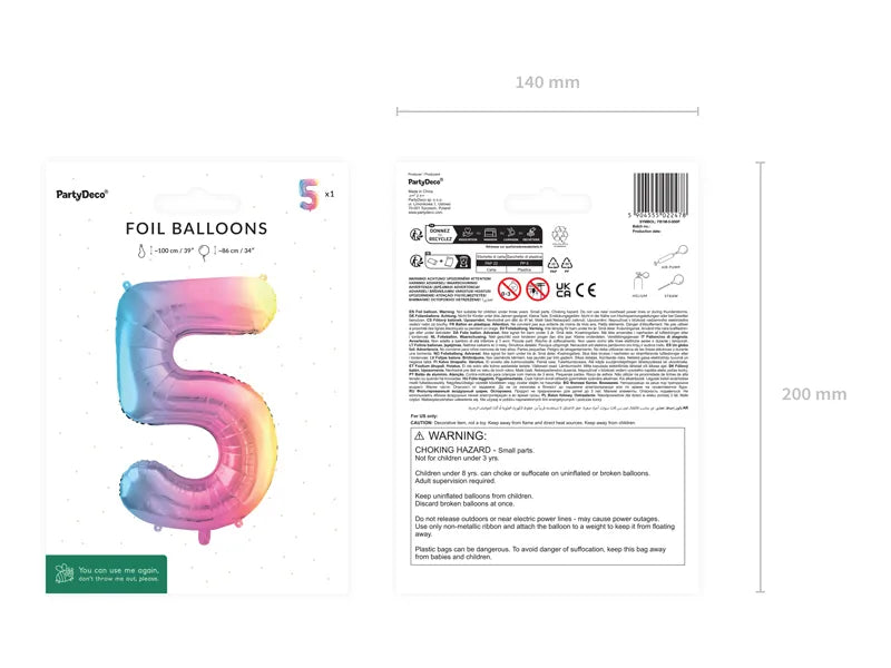 Pastel Rainbow Number 5 Foil balloon, 86cm - Anilas UK