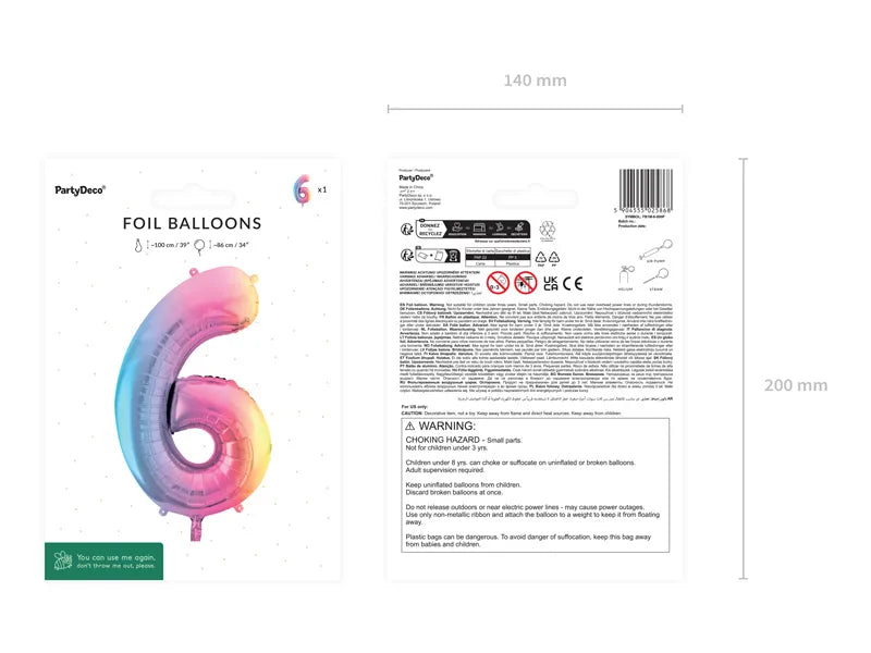 Pastel Rainbow Number 6 Foil balloon, 86cm - Anilas UK
